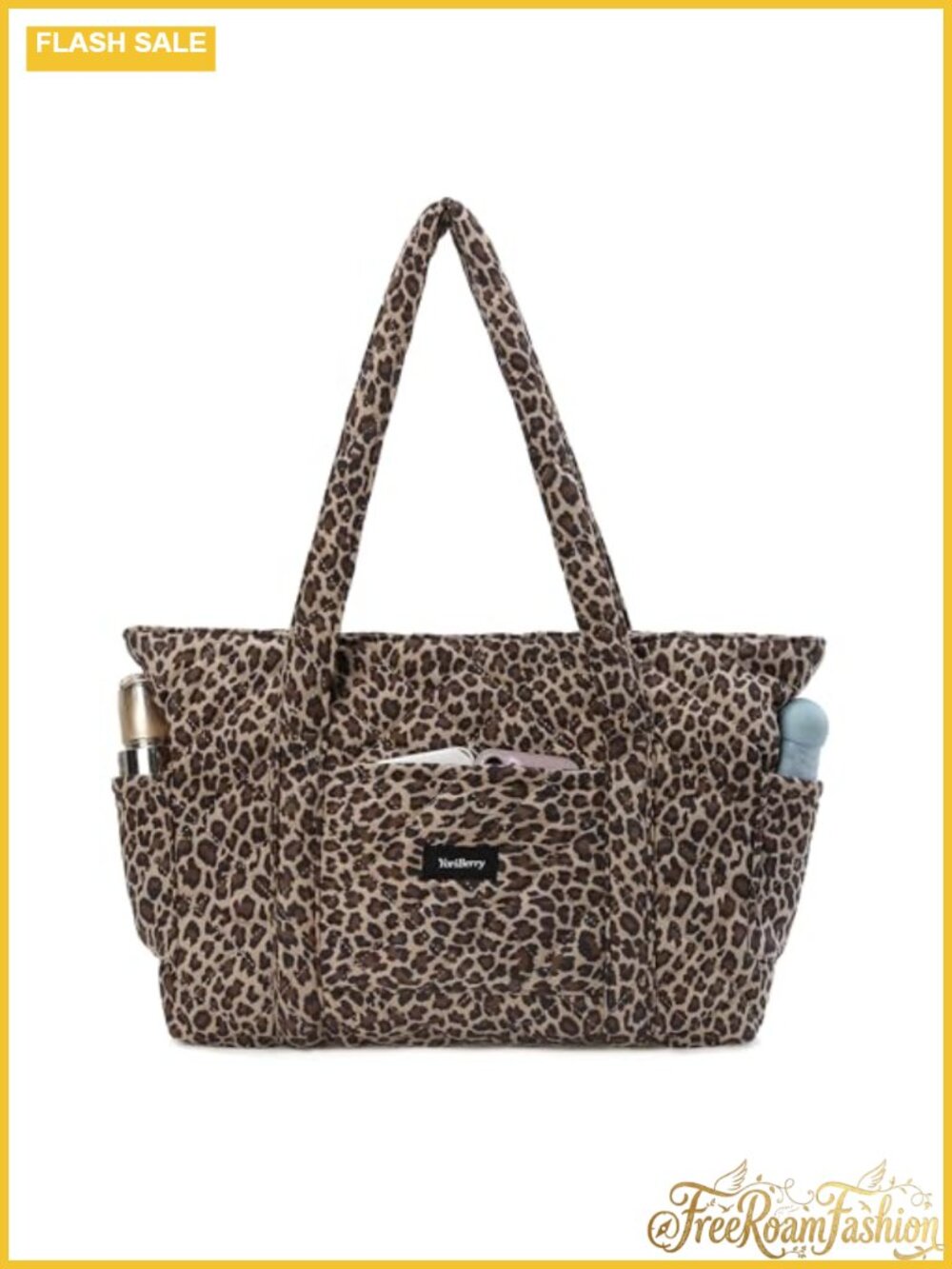 Quilted Leopard Tote Bag Cotton Nylon Zipper Wet Pocket Shoulder Bag